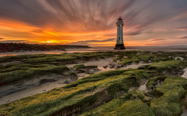 Lighthouse rocky beach sunset moss free wallpaper for desktop - medium preview image