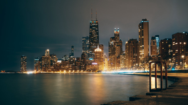 City skyline night reflection lake free wallpaper for desktop - medium preview image