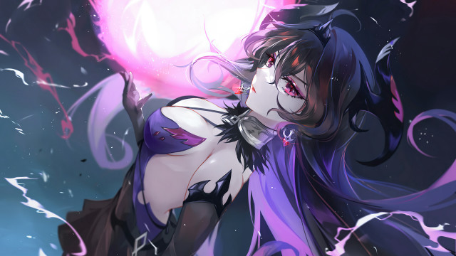 Purple haired woman purple dress free wallpaper for desktop - medium preview image