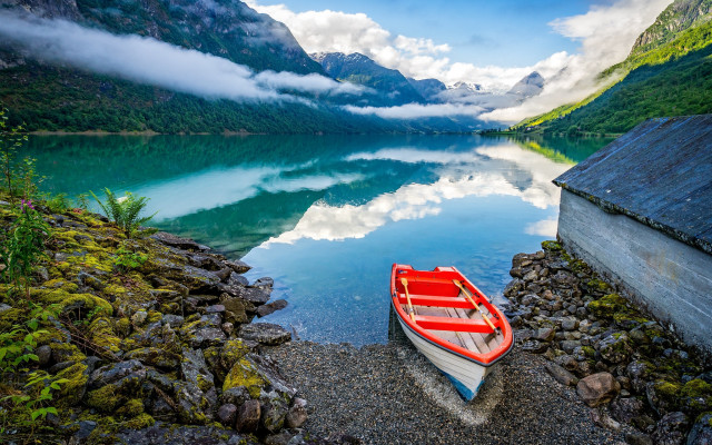 Lake mountains shore boat clouds #2 free wallpaper for desktop - medium preview image