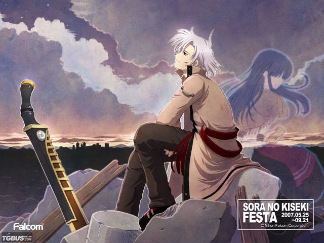 Man sitting rock sword woman free wallpaper for desktop - medium preview image