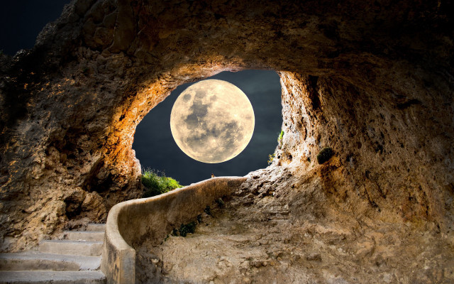 Full moon cave steps magical free wallpaper for desktop - medium preview image