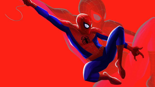 Spiderman flying red background action free wallpaper for desktop - medium preview image
