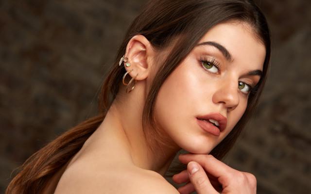 Woman earrings ring brownhair lookingatcamera free wallpaper for desktop - medium preview image