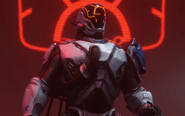 Robot neon sign red background free wallpaper for desktop - medium preview image