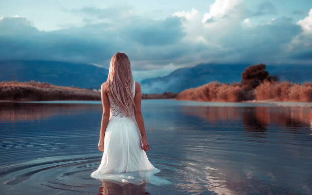 Woman white dress lake mountains free wallpaper for desktop - medium preview image