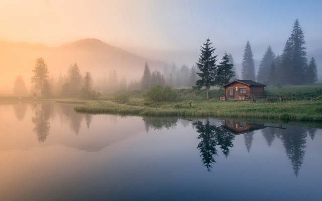 Cabin lake mountains fog reflection free wallpaper for desktop - medium preview image