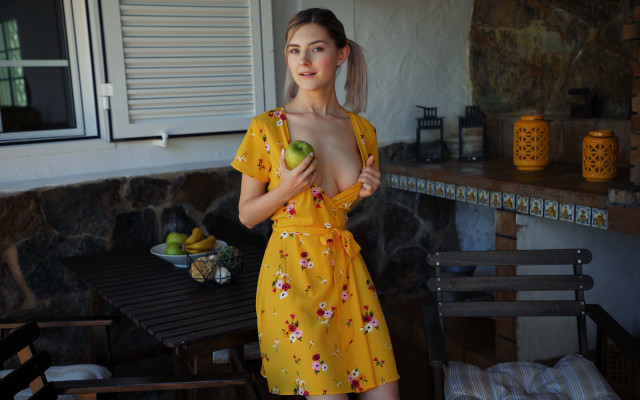 Woman yellow dress apple floral free wallpaper for desktop - medium preview image