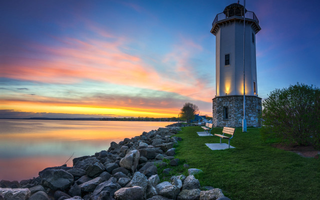 Lighthouse rocky shore sunset bench free wallpaper for desktop - medium preview image