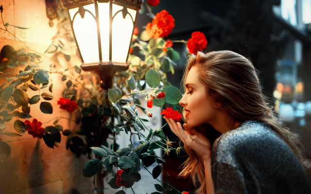 Romantic rose smelling woman lamp free wallpaper for desktop - medium preview image