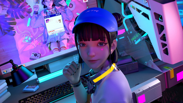 Girl helmet neon cyberpunk computer free wallpaper for desktop - medium preview image
