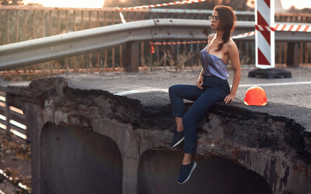 Woman sitting concrete wall orange free wallpaper for desktop - medium preview image