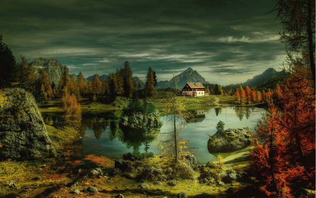 House woods lake mountain clouds free wallpaper for desktop - medium preview image