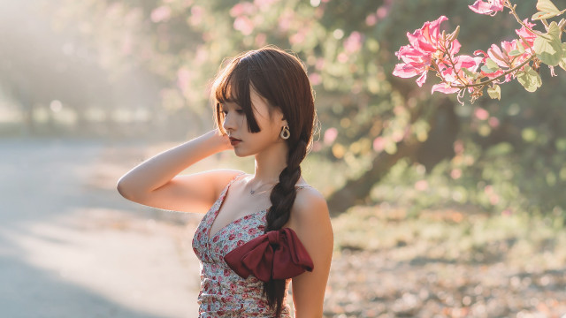 Woman ponytail flower tree pink free wallpaper for desktop - medium preview image