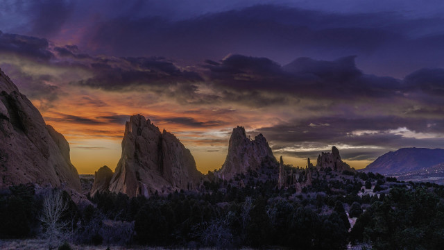 Sunset mountain range trees rocks free wallpaper for desktop - medium preview image
