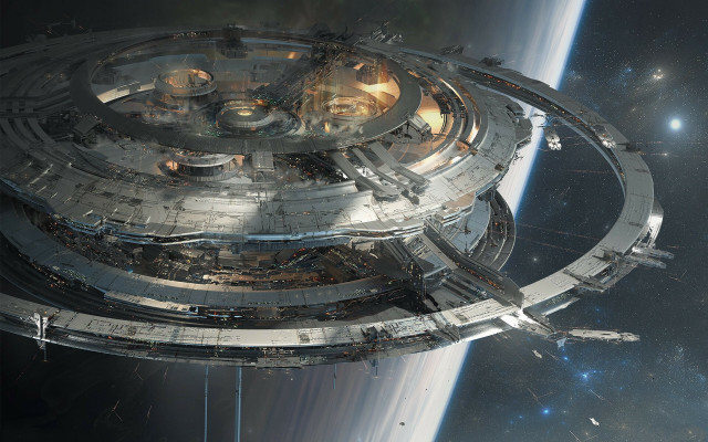 Futuristic space station earth view #2 free wallpaper for desktop - medium preview image