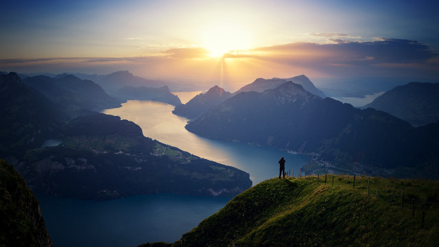 Awe mountain lake sunset hill free wallpaper for desktop - medium preview image