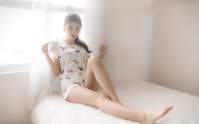 Woman sitting barefeet cup window free wallpaper for desktop - medium preview image