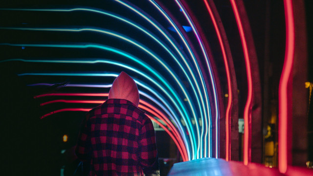 Neon tunnel man outstretched cyberpunk free wallpaper for desktop - medium preview image