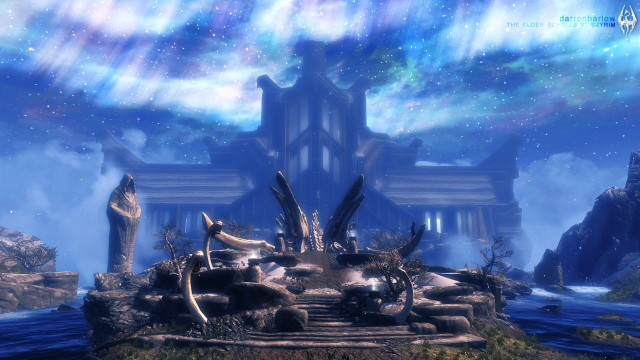 Fantasy building waterfall blue sky free wallpaper for desktop - medium preview image