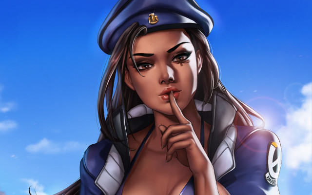 Policewoman shushing bluecoat braids beach free wallpaper for desktop - medium preview image