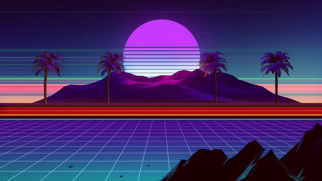 Retro palm mountains sunset synthwave free wallpaper for desktop - medium preview image