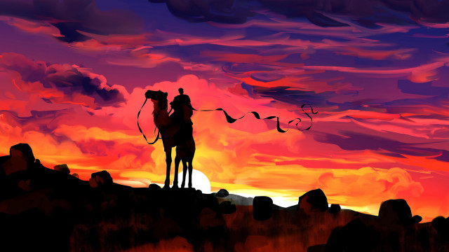 Sunset horseman lasso digital desert free wallpaper for desktop - medium preview image