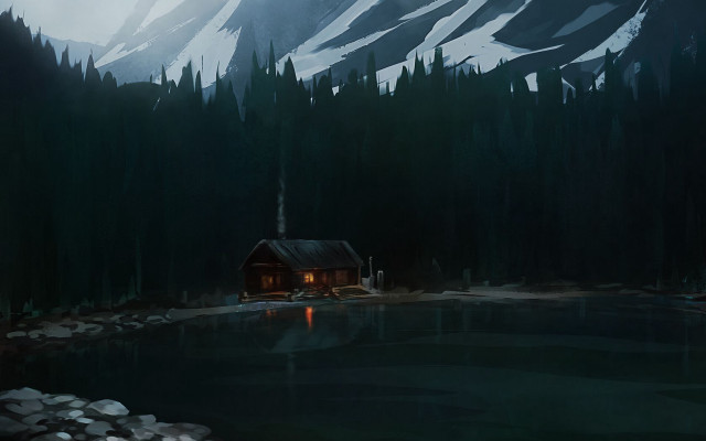 Cabin woods lake night mountains free wallpaper for desktop - medium preview image