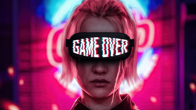 Woman blindfold gameover cyberpunk pinkhair free wallpaper for desktop - medium preview image