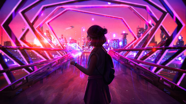 Woman tunnel city night neon free wallpaper for desktop - medium preview image