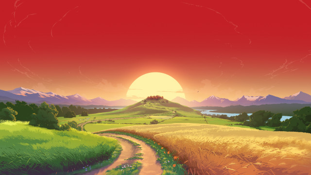 Sunset field road hill house free wallpaper for desktop - medium preview image