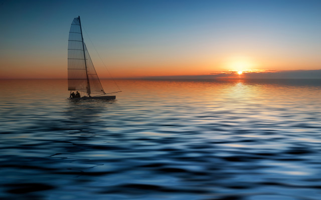 Sailboat ocean sunset horizon digital free wallpaper for desktop - medium preview image