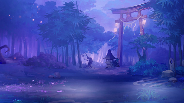 Forest pagoda pond lantern night free wallpaper for desktop - medium preview image