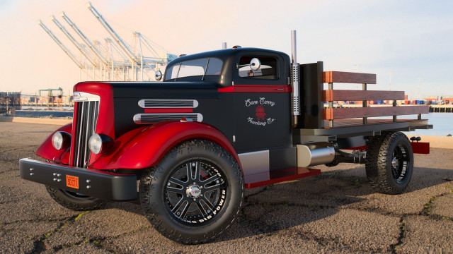 Red black truck beach pier free wallpaper for desktop - medium preview image