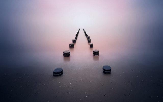 Black poles foggy water sky free wallpaper for desktop - medium preview image