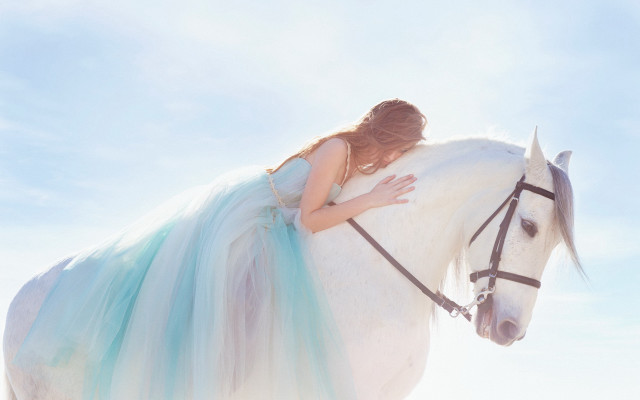 Woman blue dress white horse free wallpaper for desktop - medium preview image