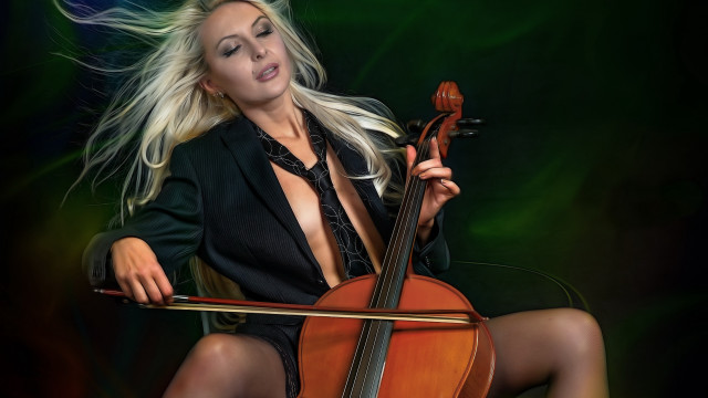 Woman black dress violin green free wallpaper for desktop - medium preview image