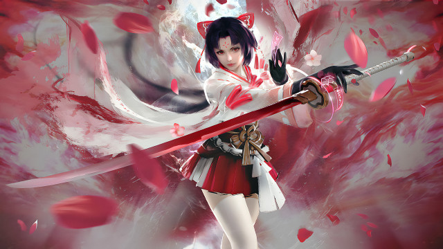 Woman sword kimono cherryblossoms falling free wallpaper for desktop - medium preview image