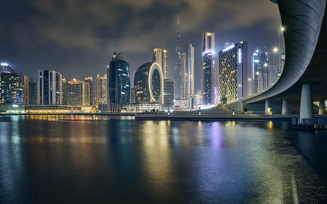 City skyline bridge night water free wallpaper for desktop - medium preview image