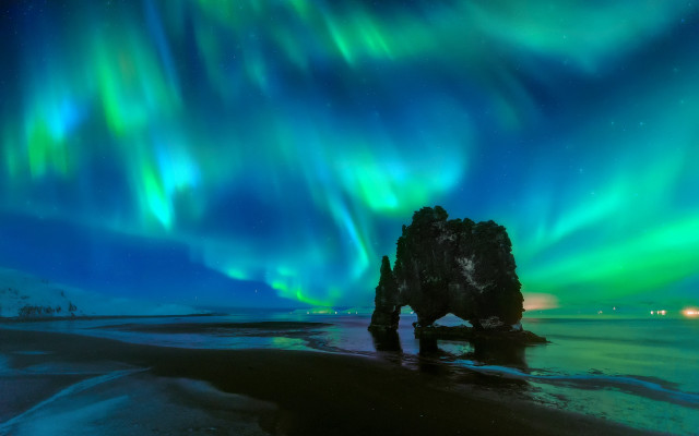 Large rock water aurora mystical free wallpaper for desktop - medium preview image