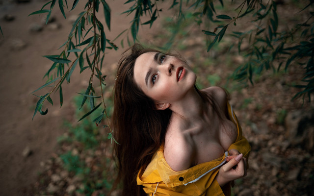 Woman knife tree leaves portrait free wallpaper for desktop - medium preview image