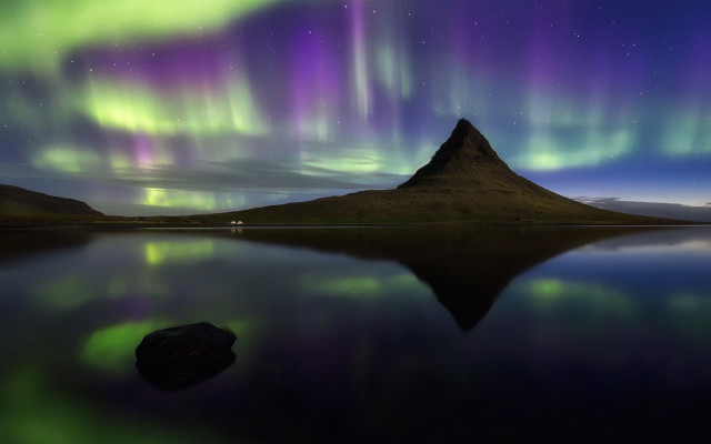 Mountain reflection aurora purple green free wallpaper for desktop - medium preview image