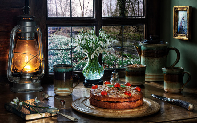 Cake table vase flowers stilllife free wallpaper for desktop - medium preview image