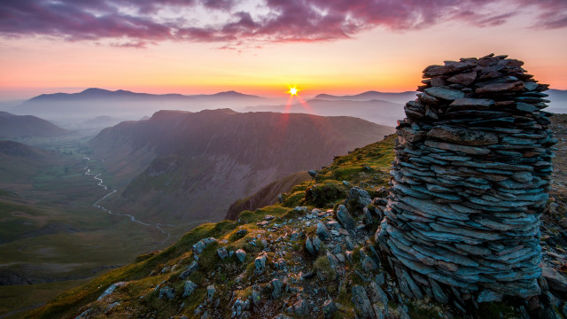 Sunset mountain rocktower river valley free wallpaper for desktop - medium preview image