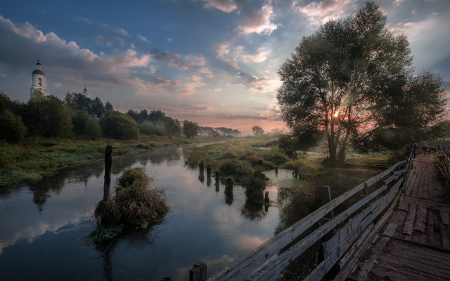 Wooden bridge river lighthouse sunset free wallpaper for desktop - medium preview image
