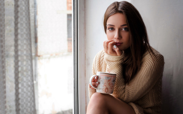 Woman coffee sitting window sill free wallpaper for desktop - medium preview image