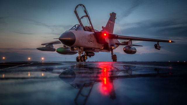 Fighterjet tarmac night reflection water free wallpaper for desktop - medium preview image