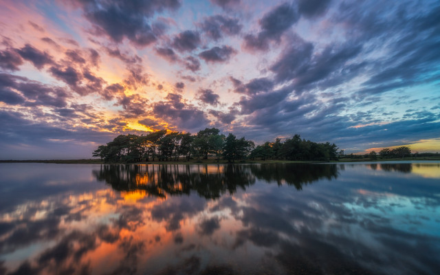 Lake trees sunset clouds bridge free wallpaper for desktop - medium preview image