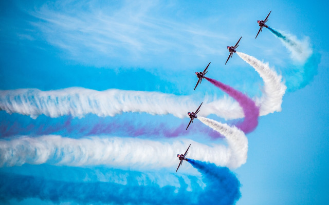 Four airplanes colored smoke blue free wallpaper for desktop - medium preview image
