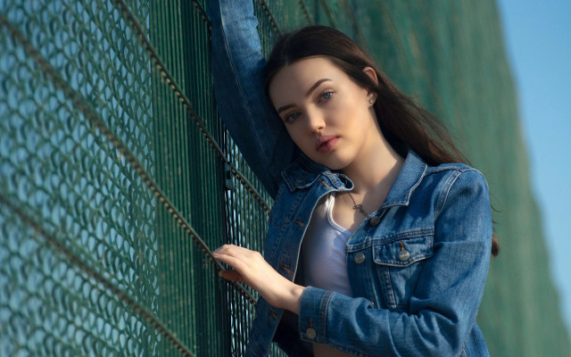 Woman fence portrait denim jewelry free wallpaper for desktop - medium preview image